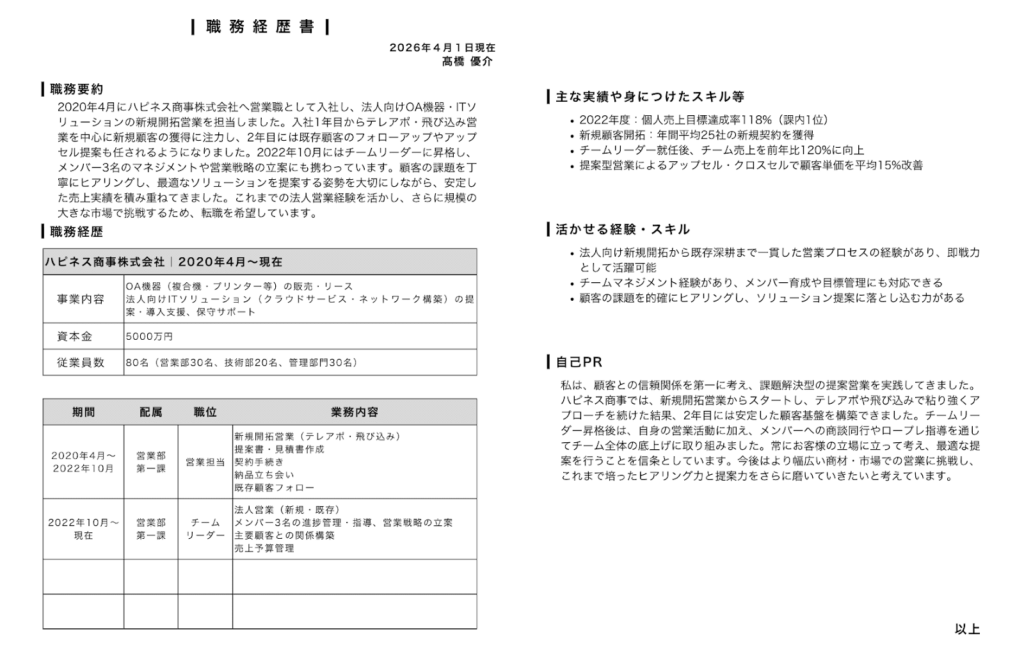 職務経歴書の記入例