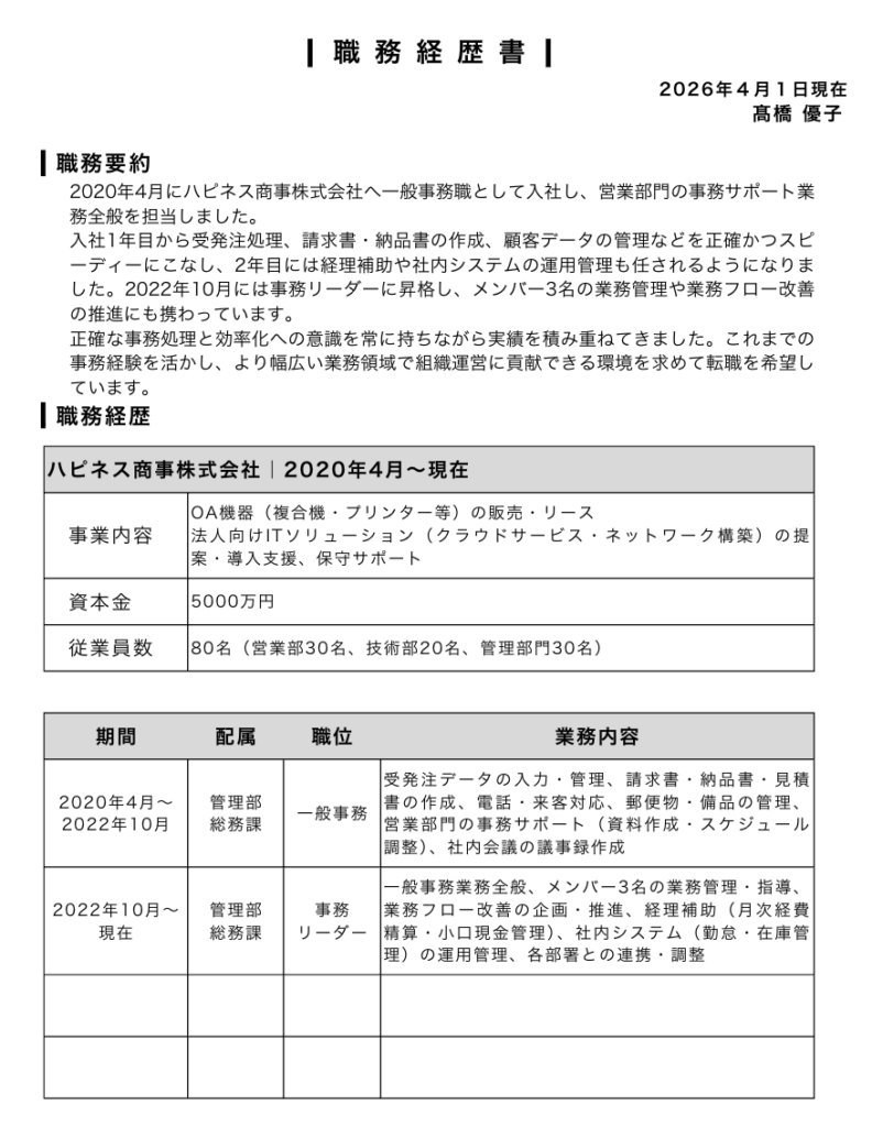 職務経歴書の記入例