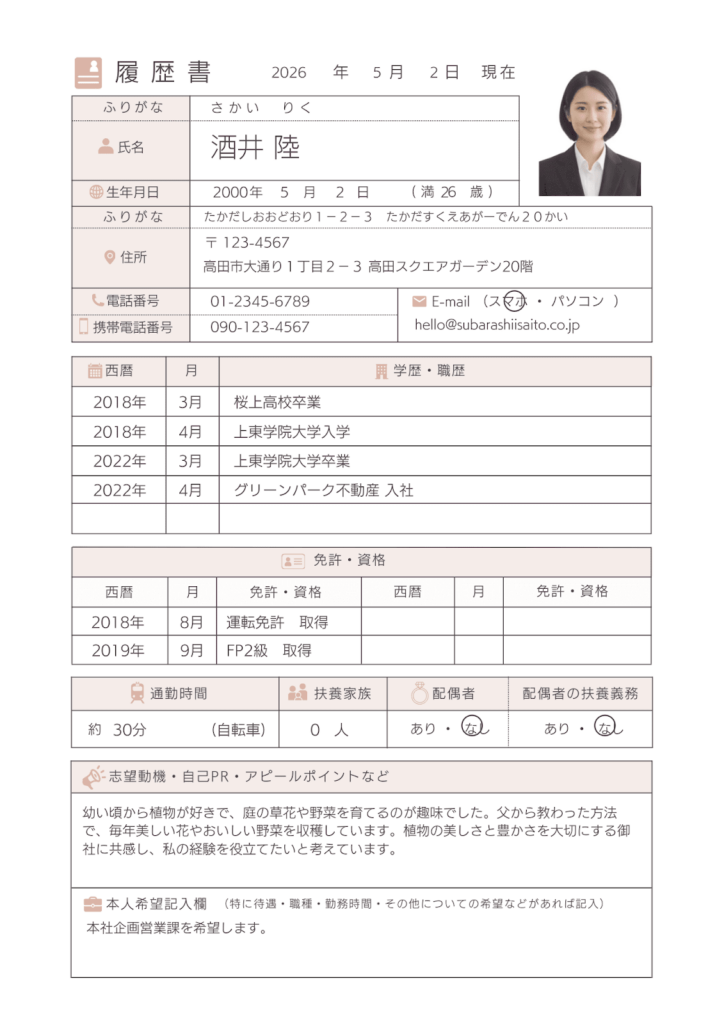 簡単な履歴書の記入例